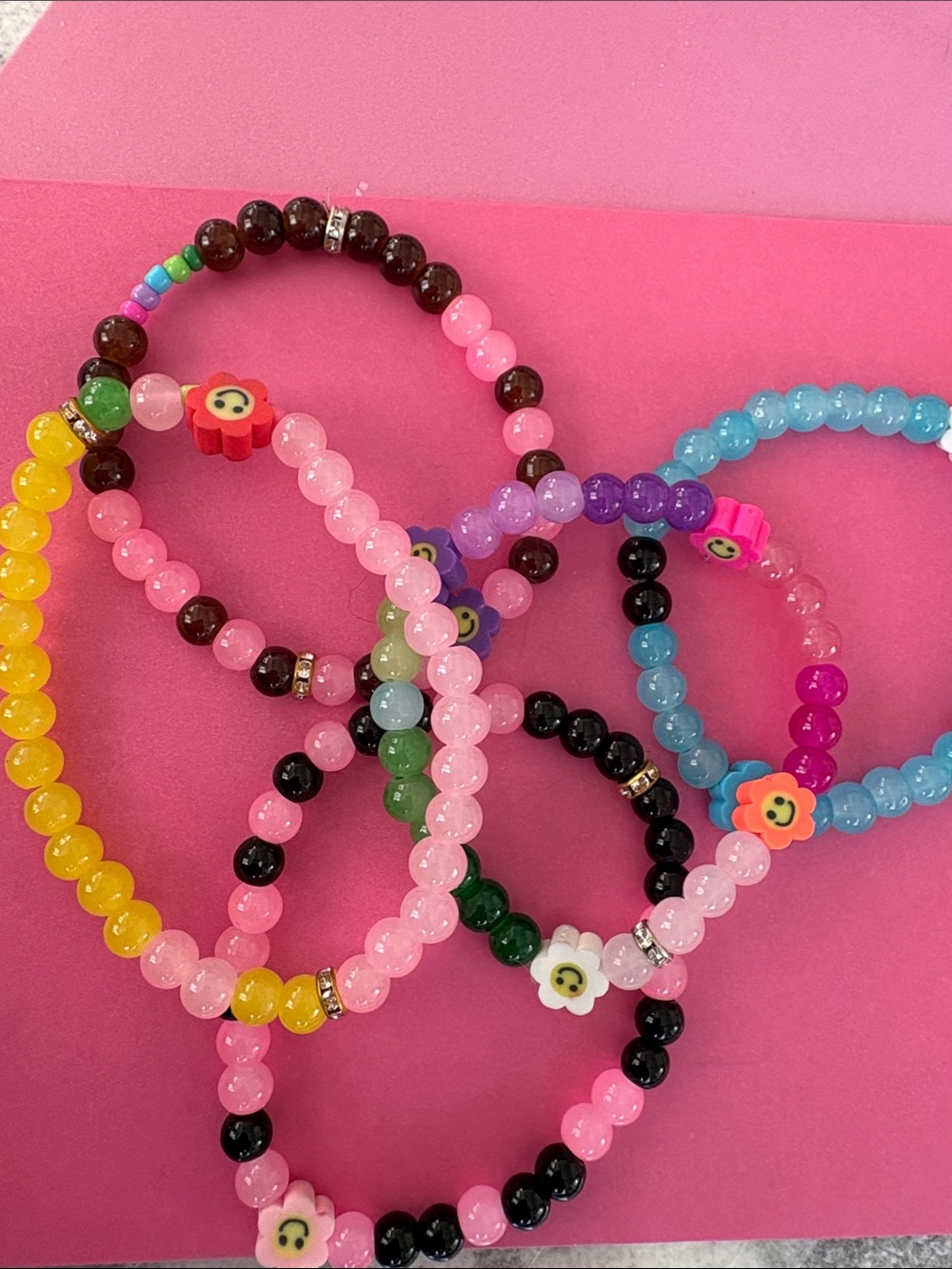 5 Multicolor Beaded Flower Bracelet Set - Pink & Mixed Colors